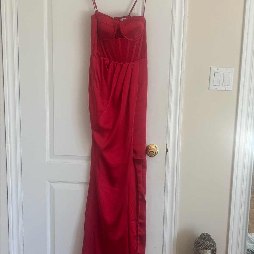 Club L London Red Satin Maxi Dress with Spaghetti Straps